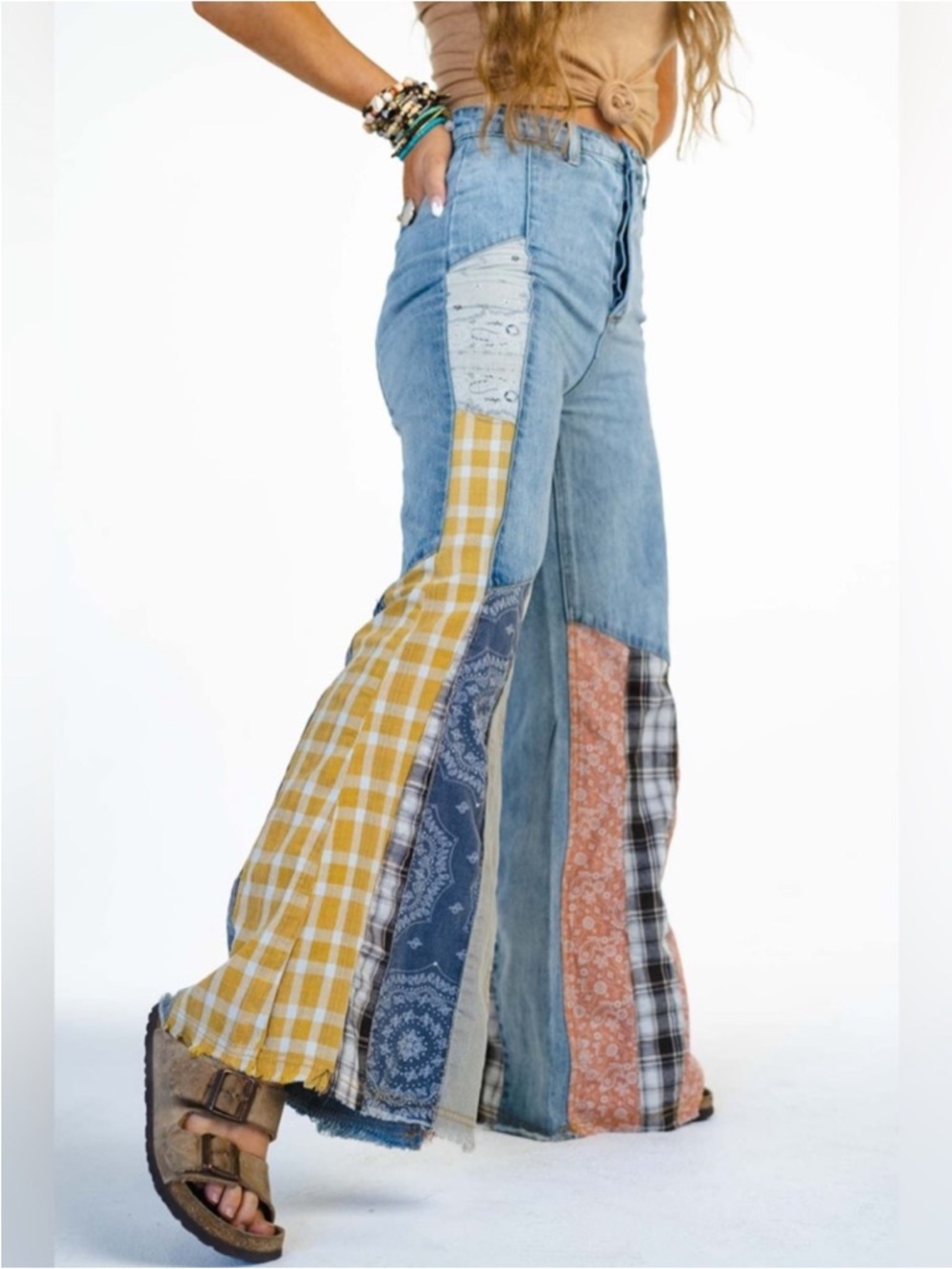 Three Bird Nest Denim Wide-Leg Patchwork Jeans in Light Blue